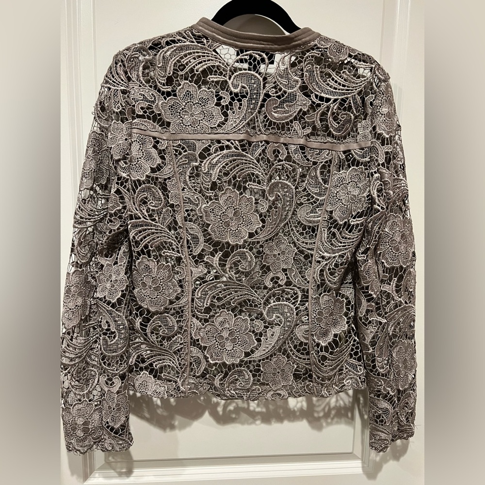 INC lace jacket, Large, Tan metallic, leather like trim.